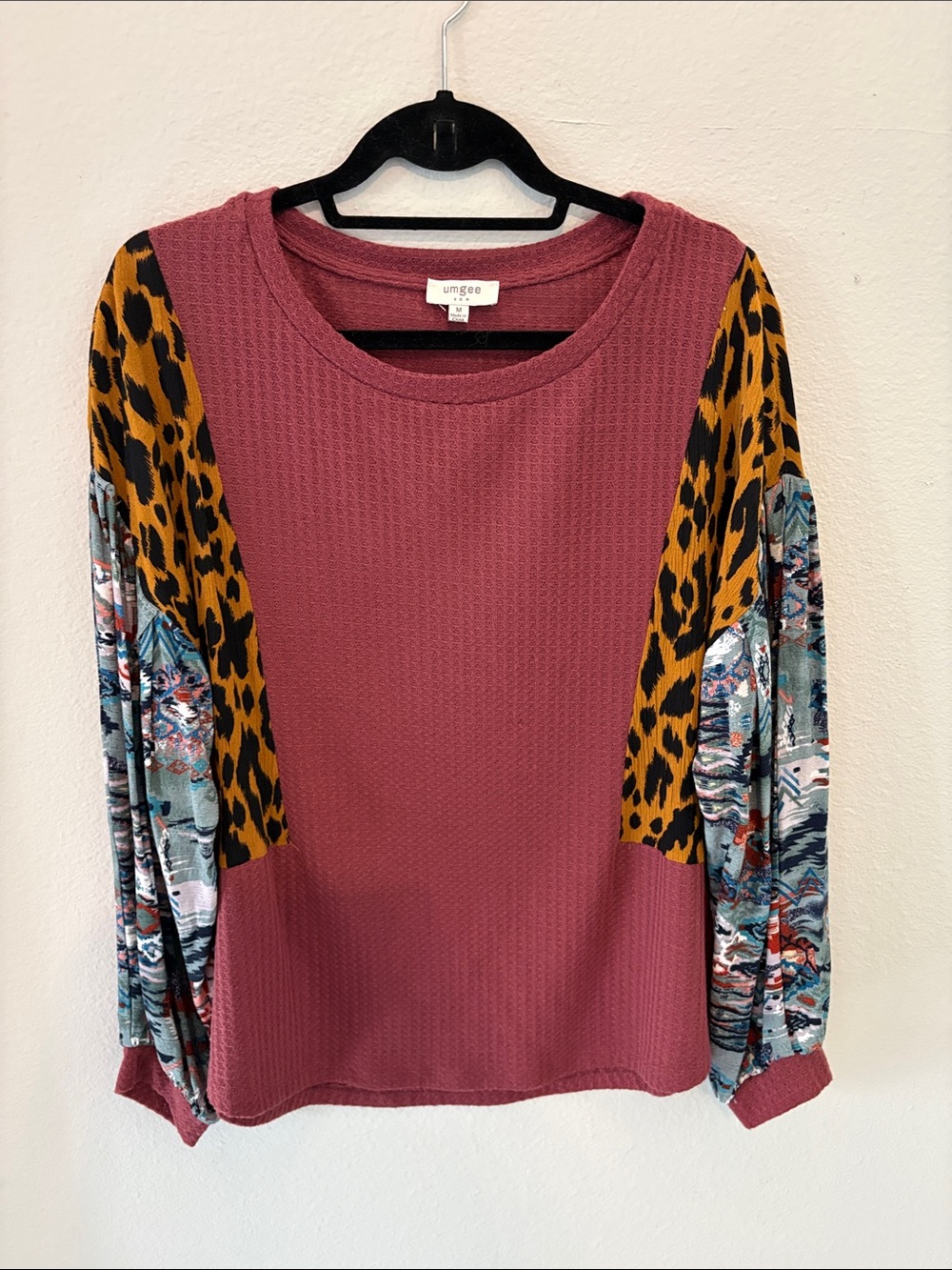 Umgee Mauve Waffle Knit Top with Leopard Accent & Multicolor Sleeves